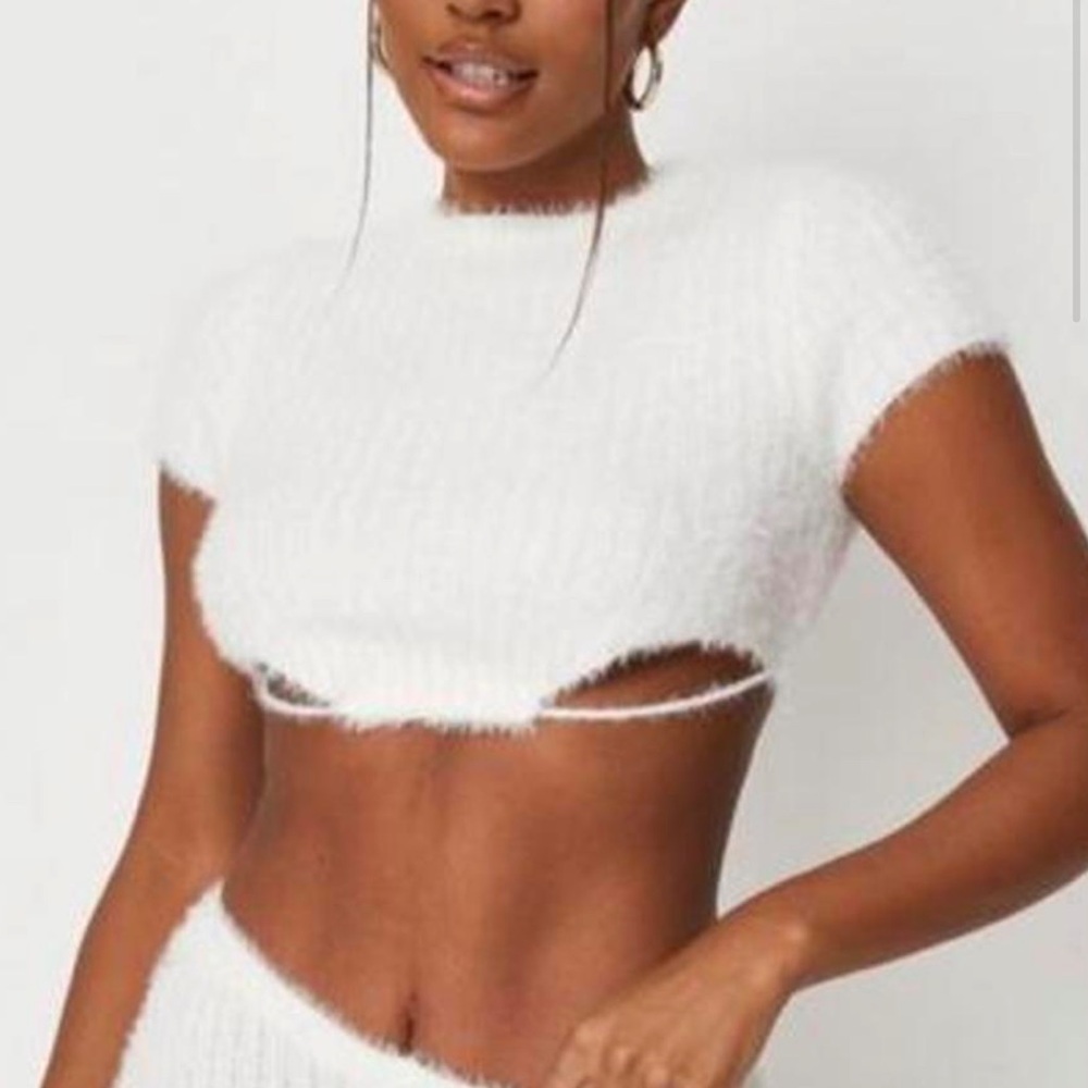 nwt carli bybel x missguided fluffy cream open back crop top